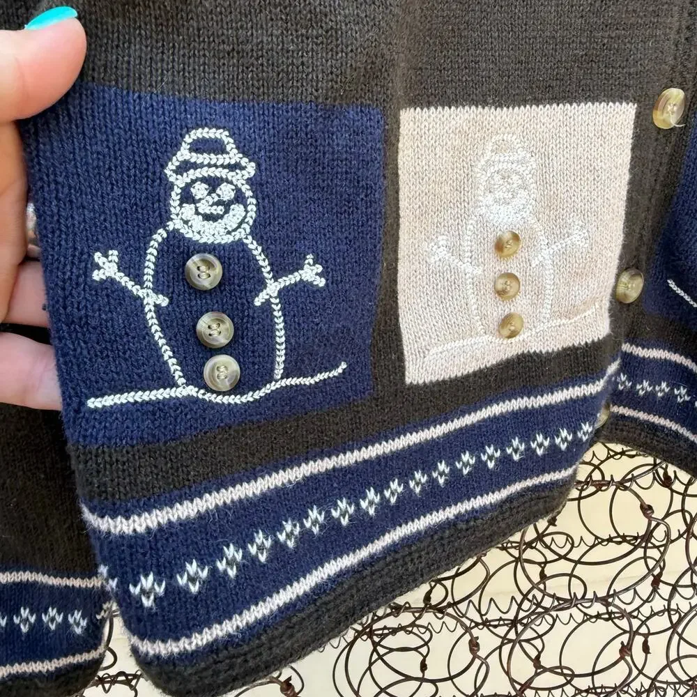Y2K Christopher & Banks Hand Crochet Rustic Snowman Winter Christmas Cardigan XL